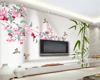 Модерна 3D триизмерно пространство, бамбук, цветя, бегониите, летящи птици, хол, ТЕЛЕВИЗОР, фон, картинки за украса на дома