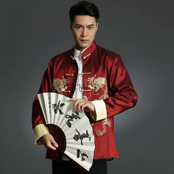 Мъжки Костюм с бродерия Дракон, костюм от епохата на Тан, традиционната китайска облекло за мъже, Есенна Риза, Потник, Яке, Рокля Hanfu, Ретро