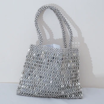 Нишевый дизайн, Реколта тканая чанта ръчна изработка, чанта от мъниста, Нова дамска чанта през рамо със сребърен пискюл, модерни портфейли