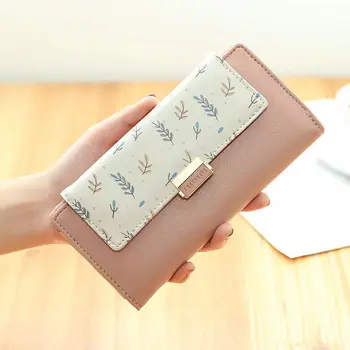 Нов дамски портфейл Женски дълъг стил малко свеж цветен контрастен принт в чантата си голям капацитет студентски мобилен портфейл