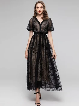 Ново висококачествено модерно дамско лятото черна рокля с бродерии, дантела, сексуална луксозно хубава рокля за подиум за офис момичета, елегантна уникална дълга рокля