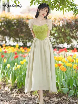Ново лятно дамско страхотна рокля миди с квадратна яка, жаккардовое мозайка романтична рокля с пищни ръкави, нежно зелено красива рокля