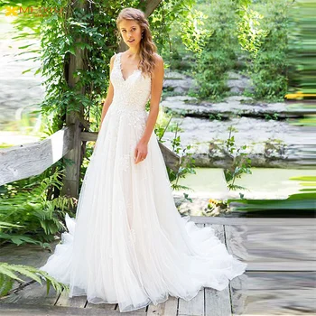 Ново сватбена рокля с фантазийной аппликацией, V-образно деколте, произведено по поръчка, с влак, трапециевидный колан, Темперамент богиня, красива сватбена дамски дрехи