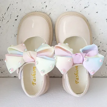 Обувки принцеси за момичета; Колекция 2023 г.; Пролетно новост; Детски обувки принцеса с лък и мека подметка в британския стил; Женски тънки обувки