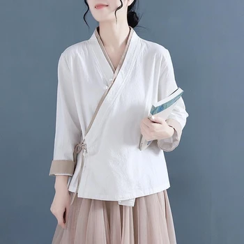 Памучен бельо риза 4XL, женски пролетен костюм в етнически стил харадзюку Тан, отгоре с винтажной бродерия, свободна традиционна блуза в китайски стил, новост