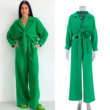 Пижамный женски комплект, памук уличен женски комплект, риза с дълъг ръкав, потници и панталони, елегантни дрехи за сън, комплект от две части на дантела, съоръжения