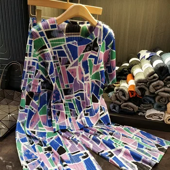 Плиссированный топ с геометричен принтом в тон, широки панталони, комплект от две части за жените, летен нов модерен комплект дрехи Miyake