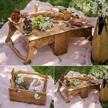 Преносим уличен дървена сгъваема маса Плажната градински мебели за къмпинг Маса за пикник Титуляр за чай от чаши за вино, Кошница за съхранение