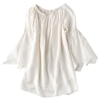 Реколта дизайнерски дамски памучен блуза в бял цвят в стил бохо хипи XXXL, големи размери, блузи с открити рамене и изгорени ръкави в стил кънтри