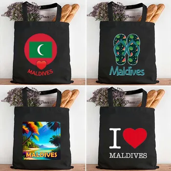 Ретро Мальдивский остров Мальдивский флаг Сърцето си за любовта Пазаруване През рамо Черни холщовые чанти-лотария Harajuku Летни плажни чанти за купувачи