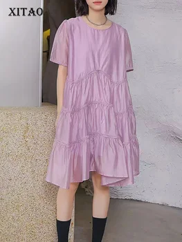 Рокля в сгъвката на XITAO Simplicity, однотонное свободно модно рокля трапецовидна форма, с кръгло деколте и темпераментным яка, лятна новост за жените WLD16796