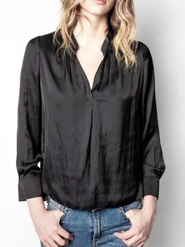 Сатен плиссированная блуза, женски V-образно деколте, просто дълъг ръкав, модни универсална женска риза 2023, пролет-лято