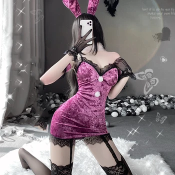Секси костюми за cosplay със заек, дамско дантелено боди с Кроличьими уши, Заячий опашка, Ролева игра, клубна облекло за партита, Еротичен комплект