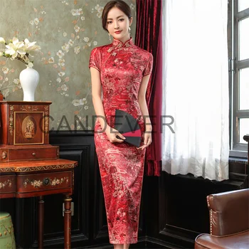 секси червена китайското традиционната рокля hanfu женски сватбена рокля qipao дълго плюс размера на официално коприна чонсам модерен 2022, пълна с мъниста