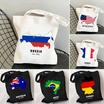 Съединените Щати, Англия, Франция, Германия, Русия, Испания, Карта на страната свят, флаг, дамски холщовая чанта за пазаруване, чанта-тоут