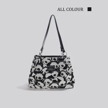 Холщовая чанта-тоут за жени 2023, чанта през рамо, ежедневна чанта за пазаруване с сладък пандой, малка и голяма пътна дизайнерски здрава чанта