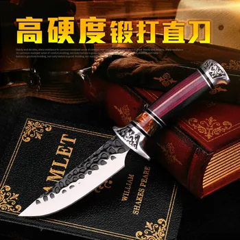 Японската червена дървена дръжка, тактически прав нож за спасяване на открито, спасителния нож, разпределителен кожен калъф за ловен нож