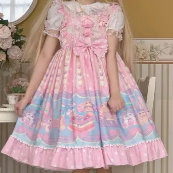 Японското рокля Harajuku Sweet Lolita Jsk във викториански стил, ретро десерт, куклена къща, принт за момичета, без ръкави, завързана лък, парти на принцесата